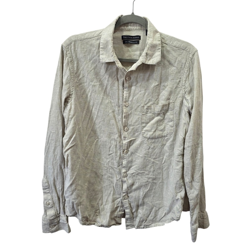 Saks Fifth Avenue Linen Blend Button Front Shirt Beige Long Sleeve Women's M